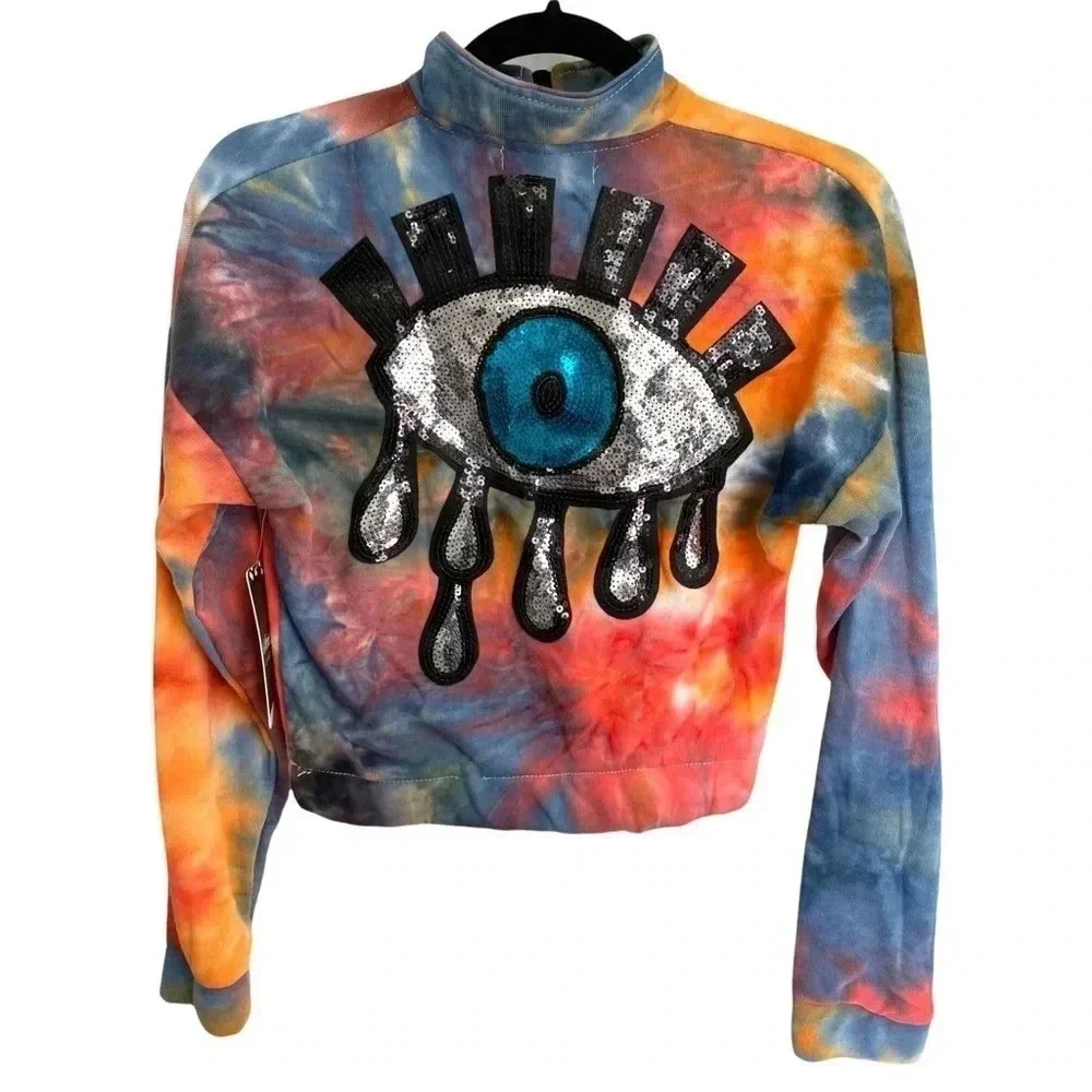 Tie Dye Crop Half Zip Sweatshirt Sequin Eye NWT S. Runs very Small